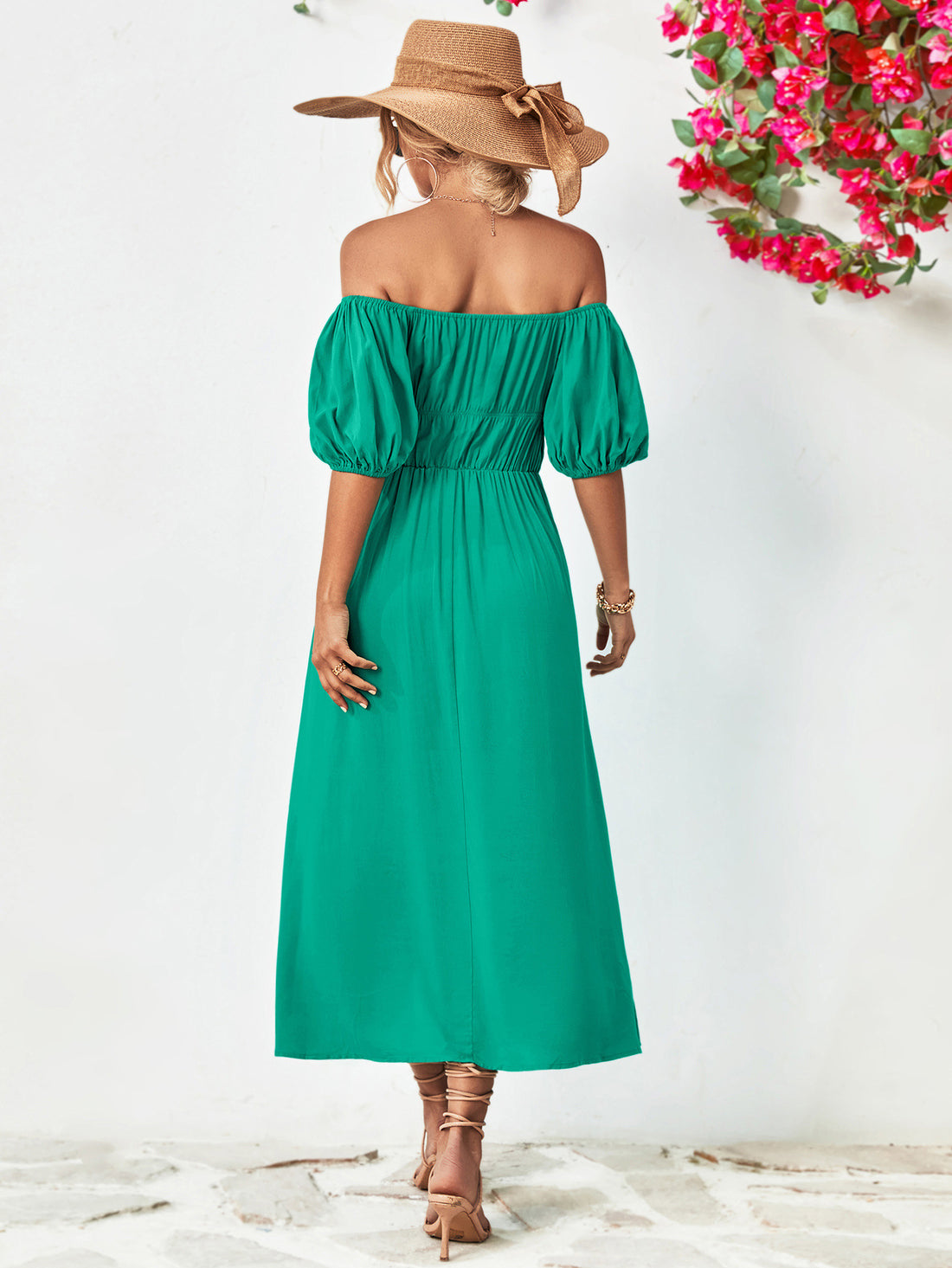 Off-Shoulder Balloon Sleeve Midi Dress 