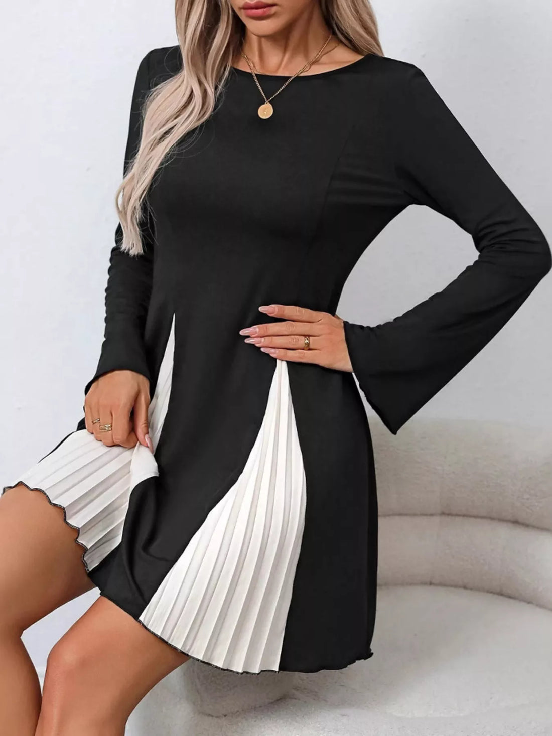 Pleated Flare Sleeve Mini Dress 