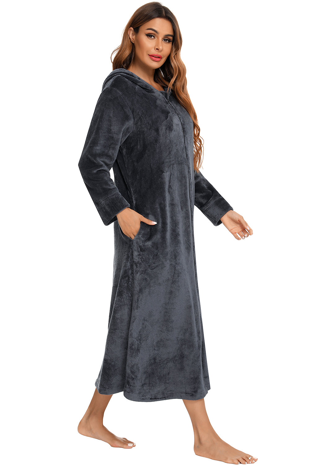 Zip Front Hooded Night Dress with Pockets 