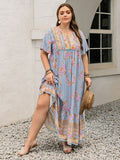 Plus Size Printed Tie Neck Flutter Sleeve Maxi Dress Dresses