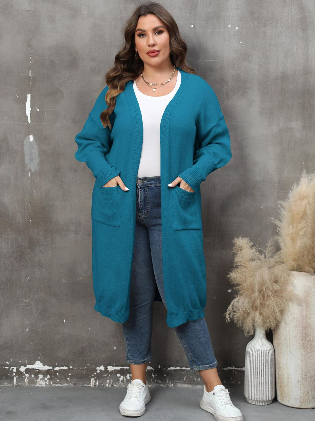 Plus Size Long Sleeve Pocketed Cardigan 