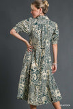 Umgee Full Size Printed Smocked Cuff Puff Sleeve Midi Dress Plus Size Dresses
