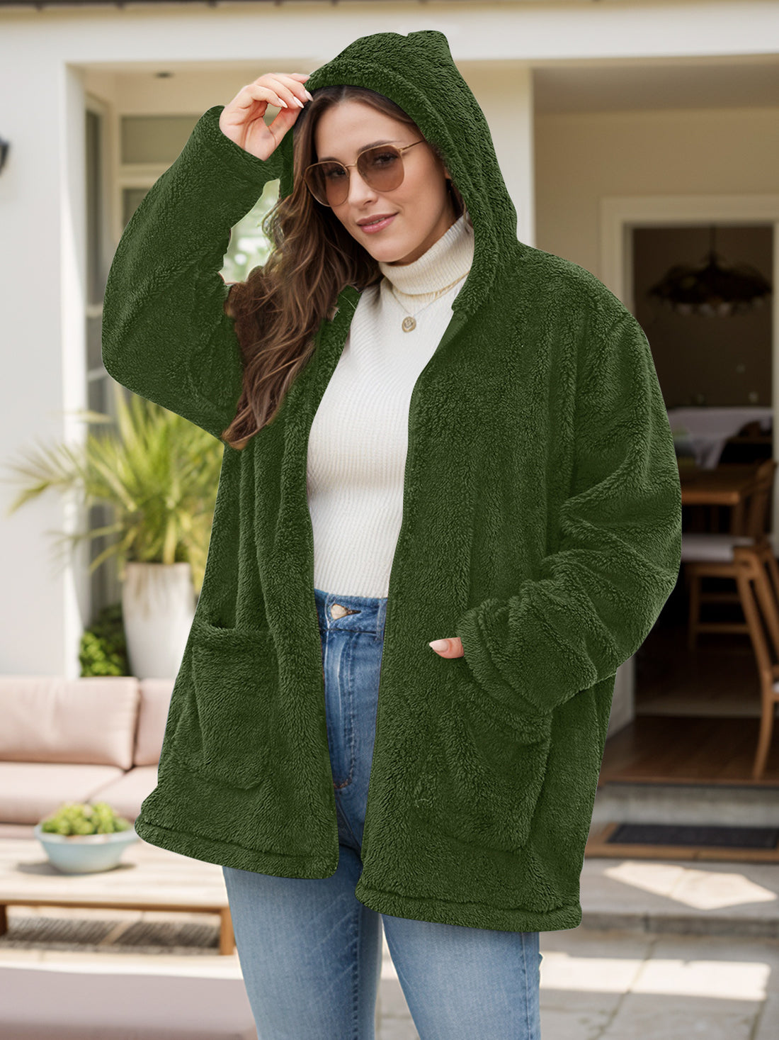 Plus Size Zip Up Long Sleeve Hooded Outerwear 