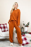 Super Lady Full Size Fuzzy Hacci Brush Round Neck Top and Pants Lounge Set 