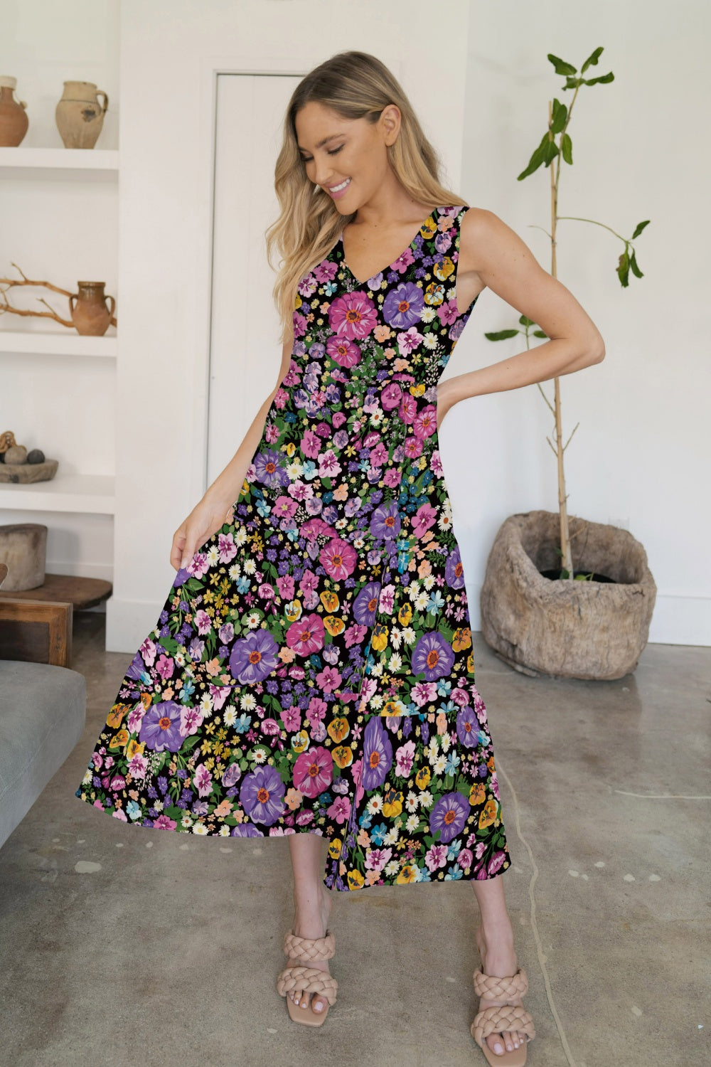FAM-FAM Tiered Printed V-Neck Sleeveless Dress 