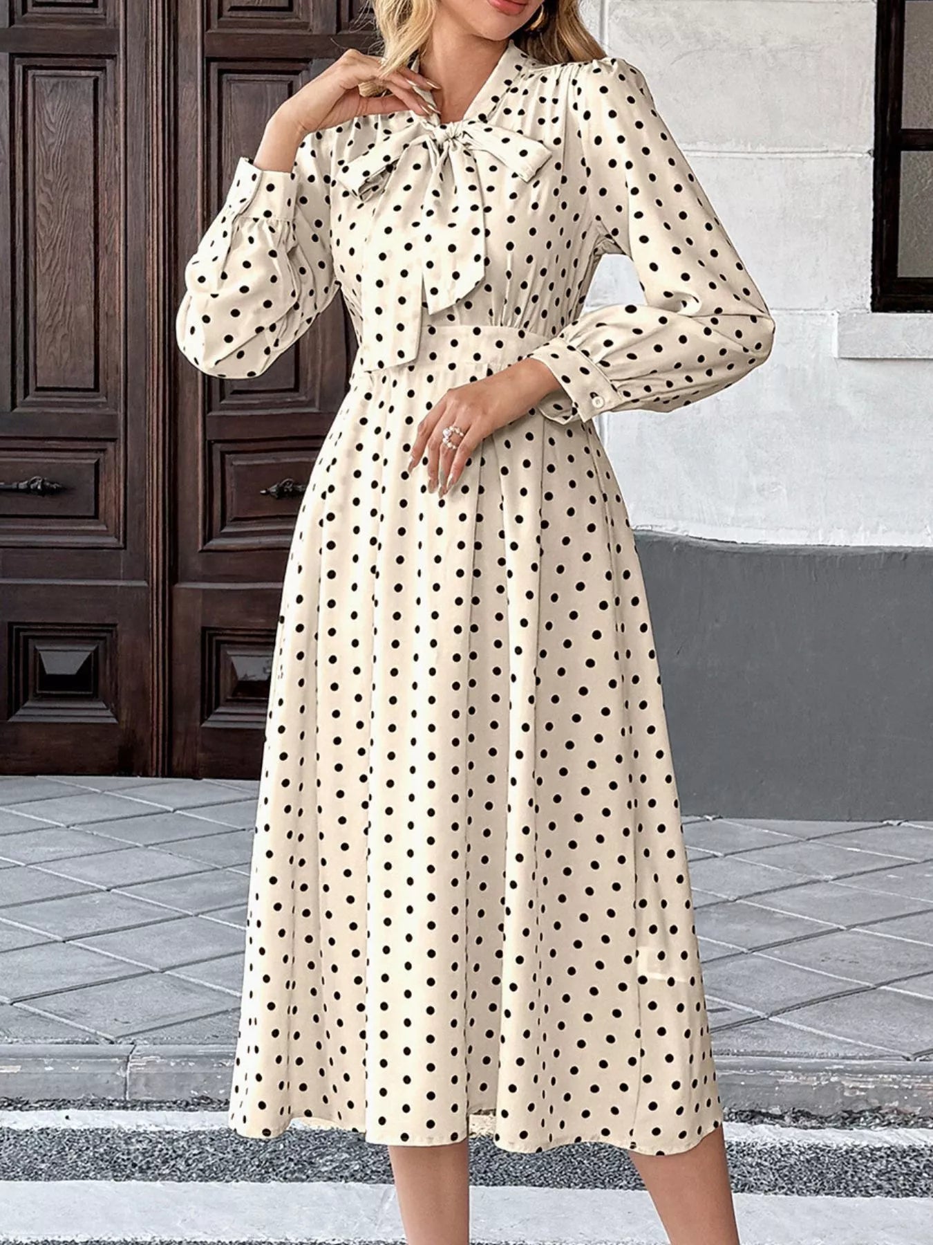 Polka Dot Tie Front Long Sleeve Midi Dress 