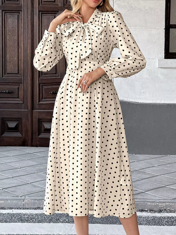 Polka Dot Tie Front Long Sleeve Midi Dress 