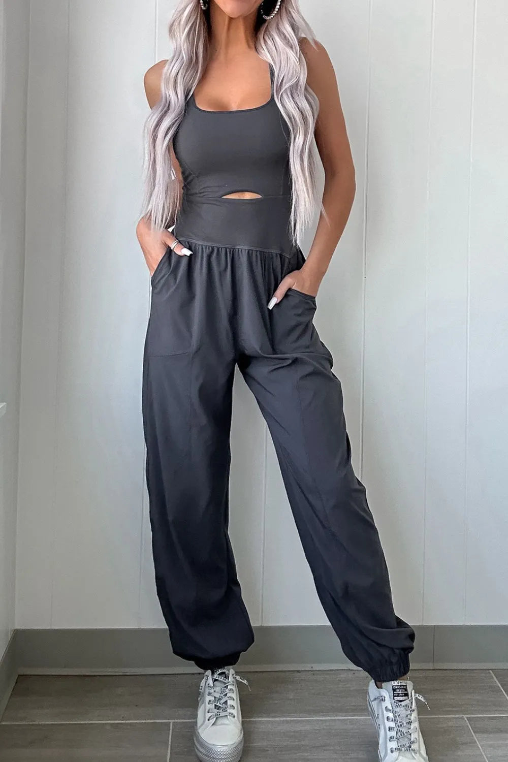Cutout Square Neck Wide Strap Active Jumpsuit 