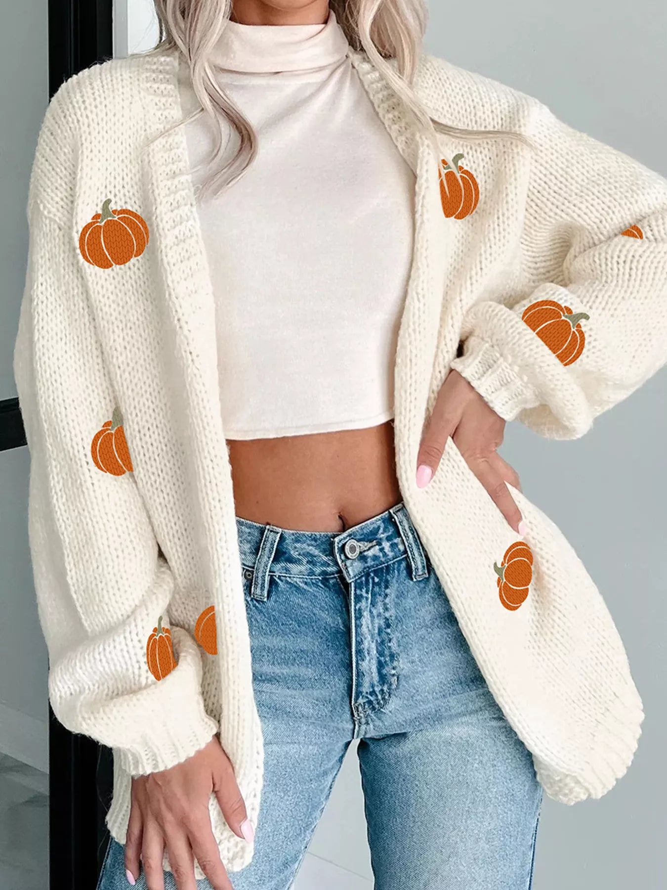 Halloween Pumpkin Embroidered Knit Cardigan 