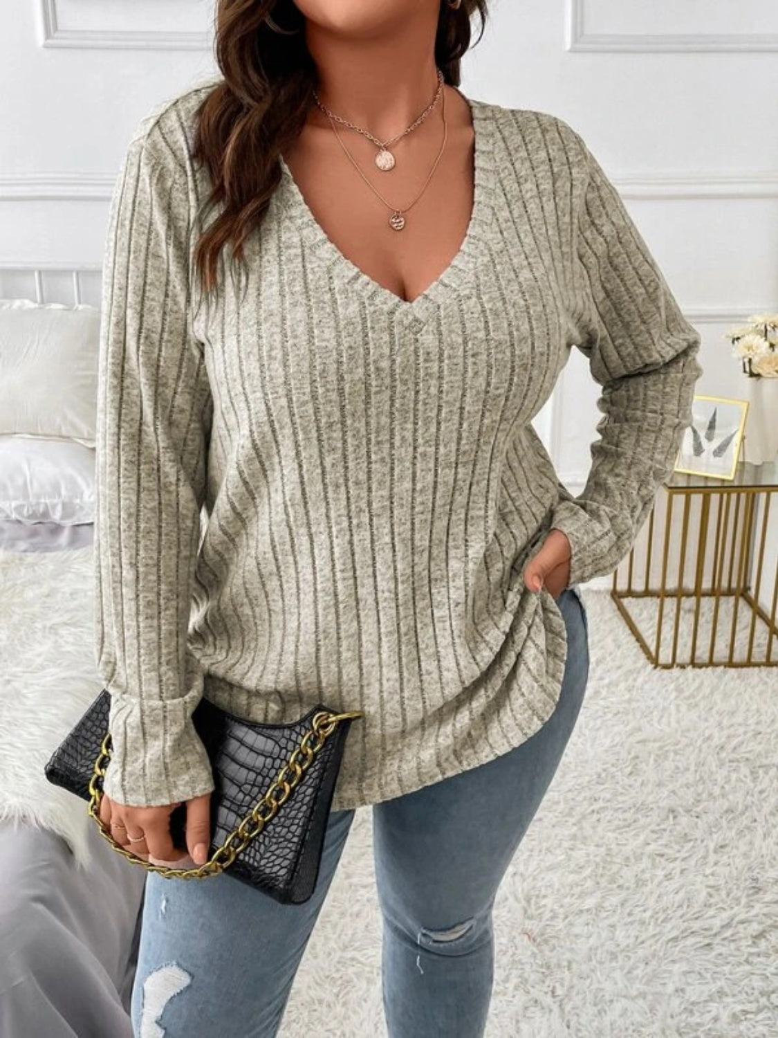 Plus Size V-Neck Long Sleeve T-Shirt 