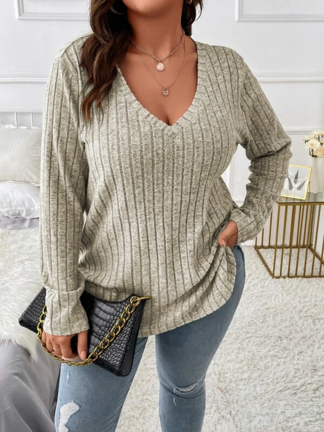 Plus Size V-Neck Long Sleeve T-Shirt 