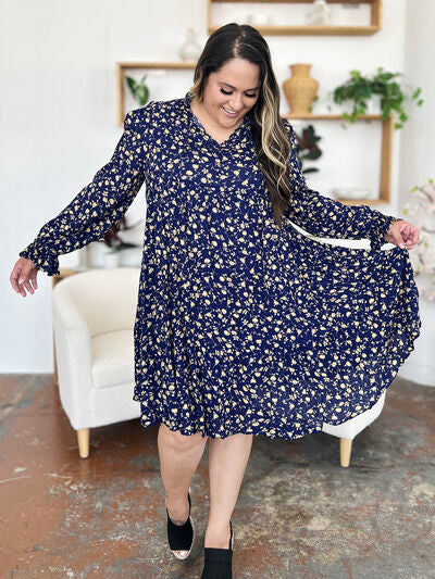 Double Take Full Size Printed Ruffle Hem Long Sleeve Tiered Dress 