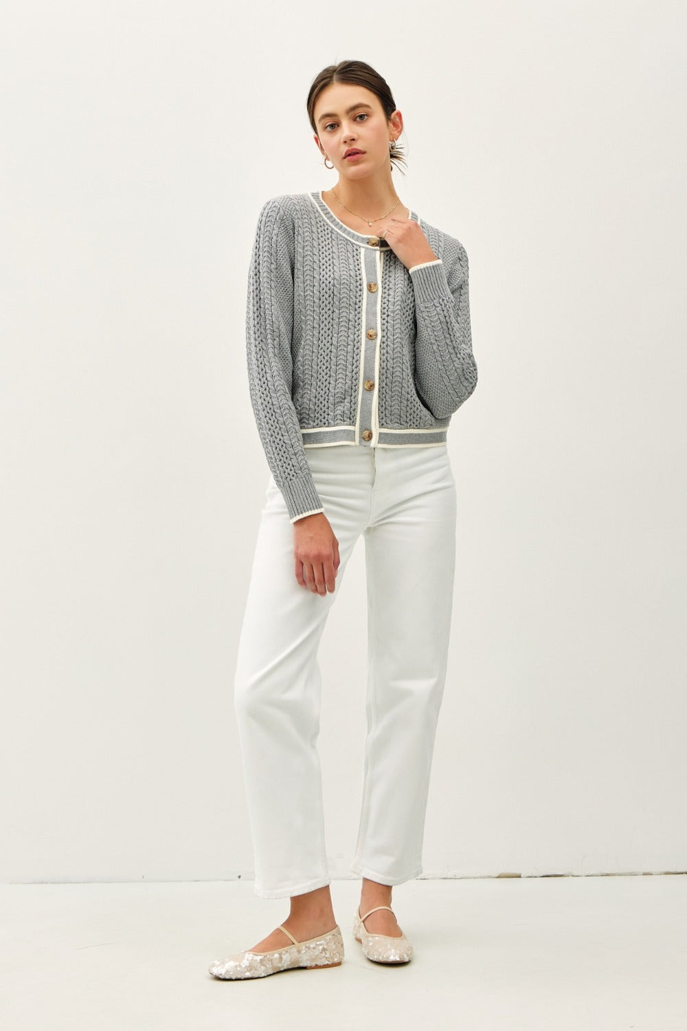 Be Cool Cable Knit Long Sleeve Contrast Edge Cardigan 
