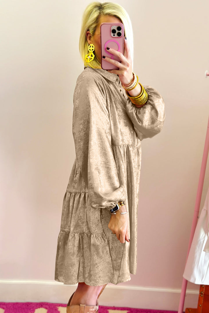 Apricot Metallic Sheen Puff Sleeve Button Up Mini Shirt Dress Dresses/Mini Dresses