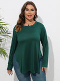 Plus Size Round Neck Long Sleeve Slit T-Shirt 