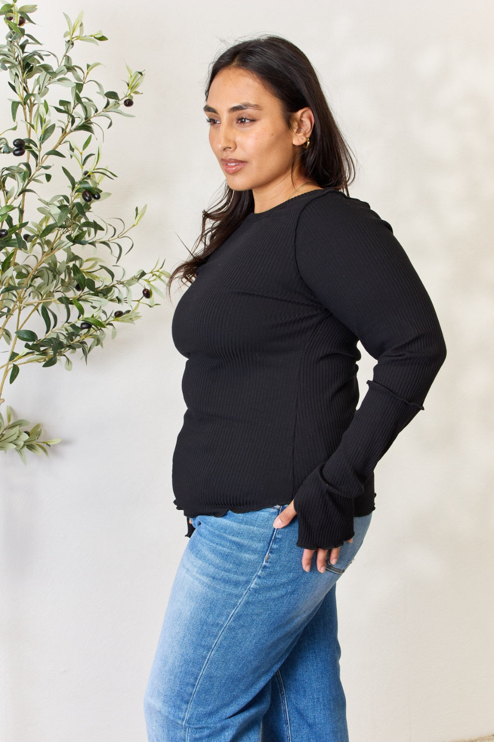 Culture Code Full Size Ribbed Round Neck Long Sleeve Top 