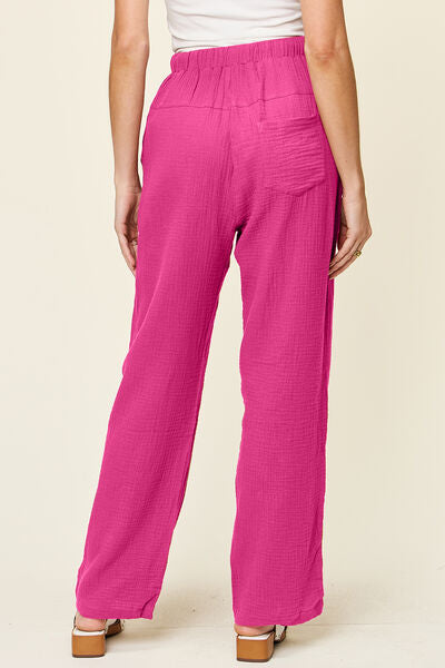 Double Take Full Size Texture Drawstring Straight Pants 