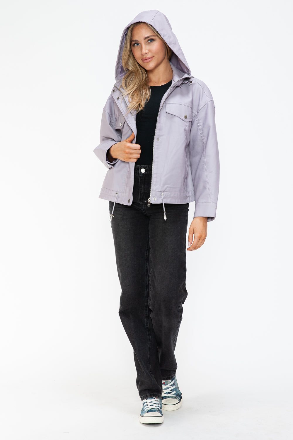 How Dare U Drawstring Hem PU Leather Zip Up Jacket 