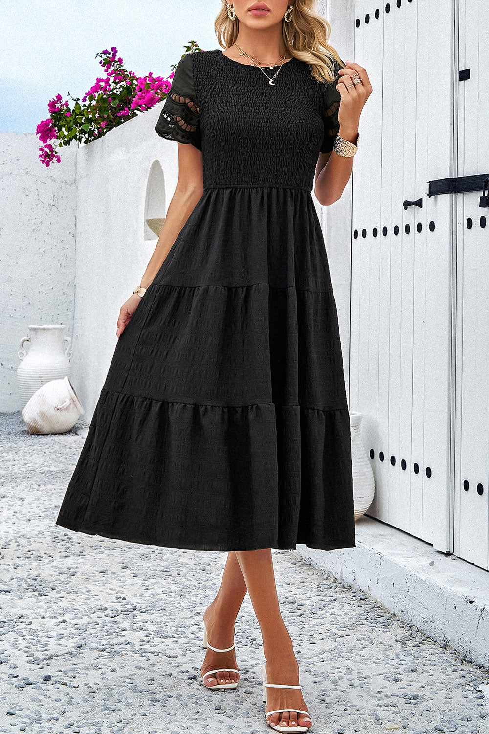 Devine Smocked Round Neck Short Sleeve Midi Dress 
