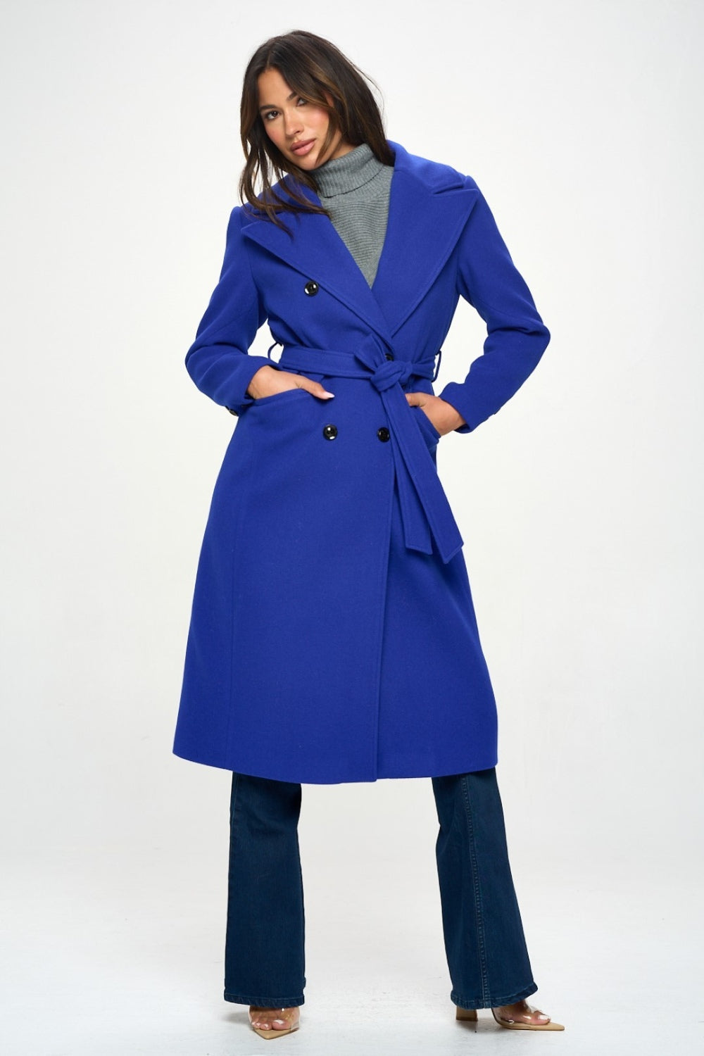 Coalition LA Double-Breasted Longline Coat with Belt 