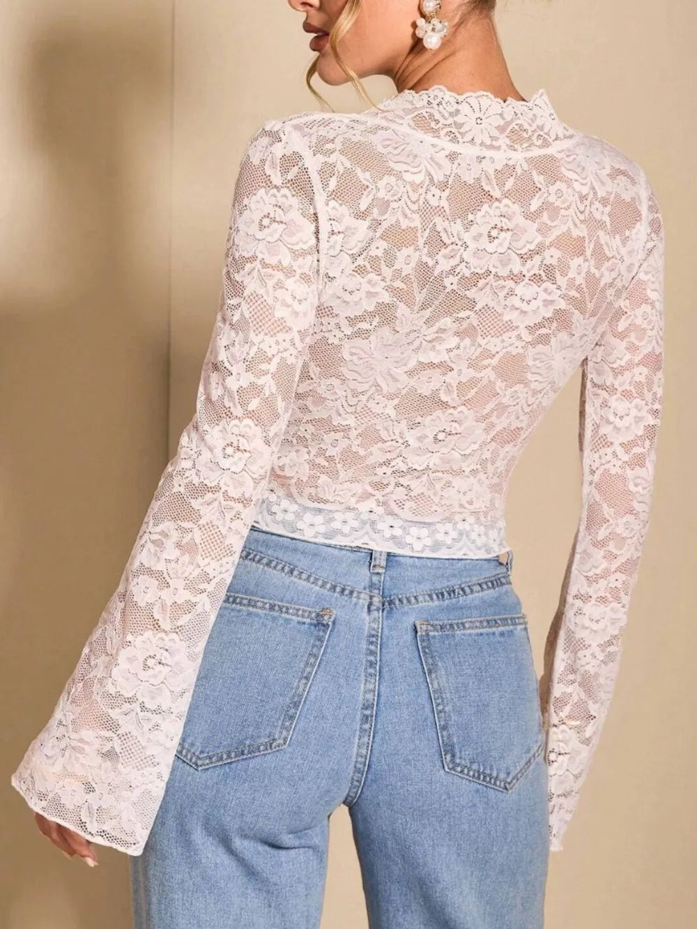V-Neck Flare Sleeve Lace Top 