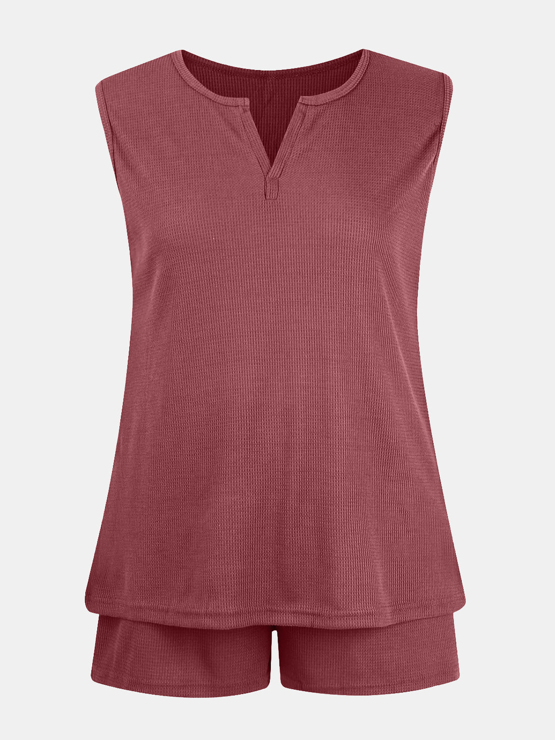 Full Size Waffle-Knit Notched Top and Shorts Set 