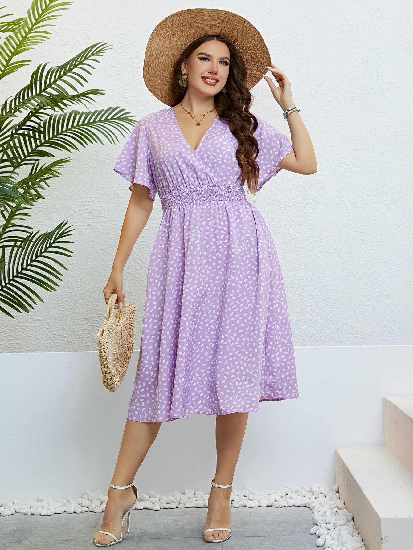 Honey Plus Size Printed Smocked Waist Surplice Dress 