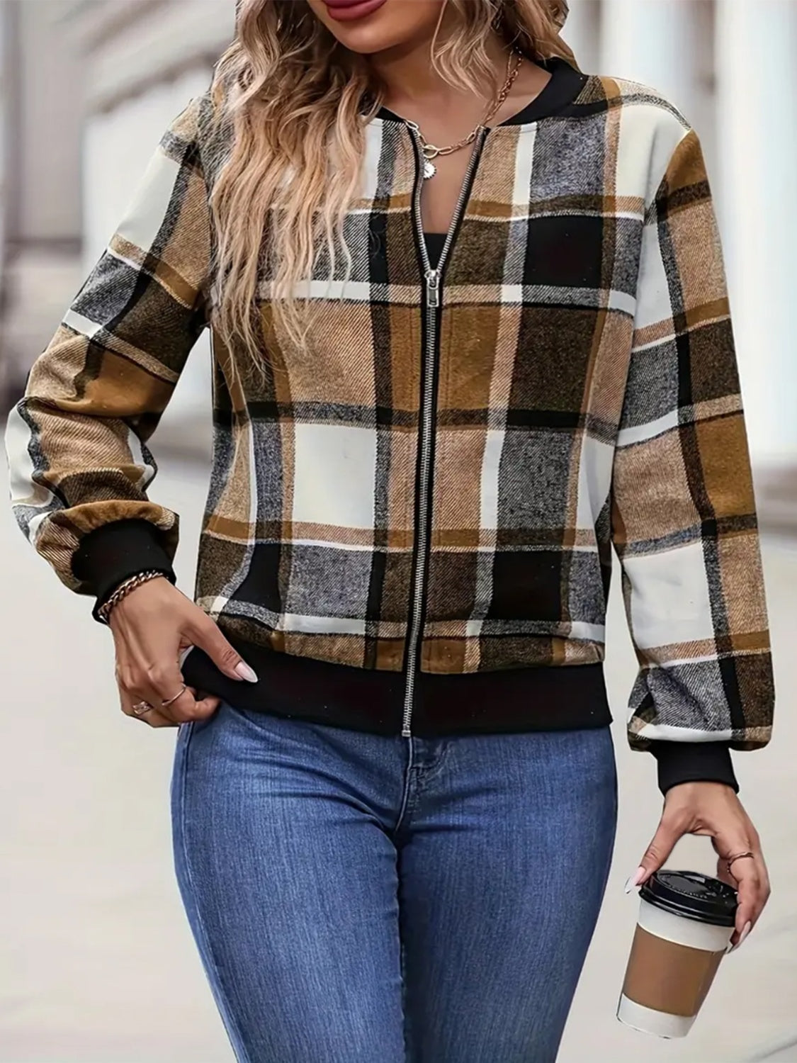 Plus Size Plaid Baseball Collar Zip Up Jacket 
