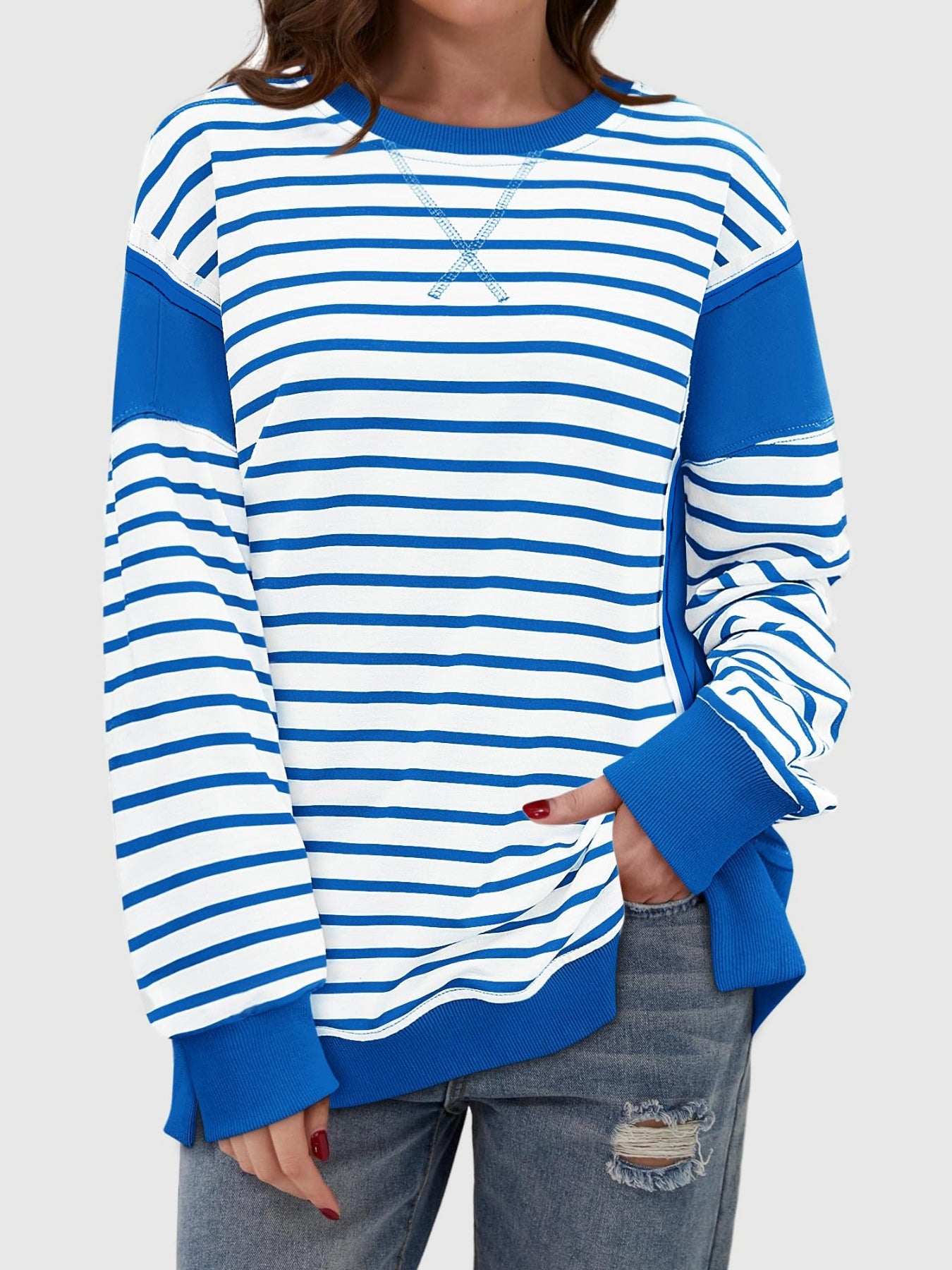Slit Exposed Seam Striped Long Sleeve Sweatshirt 