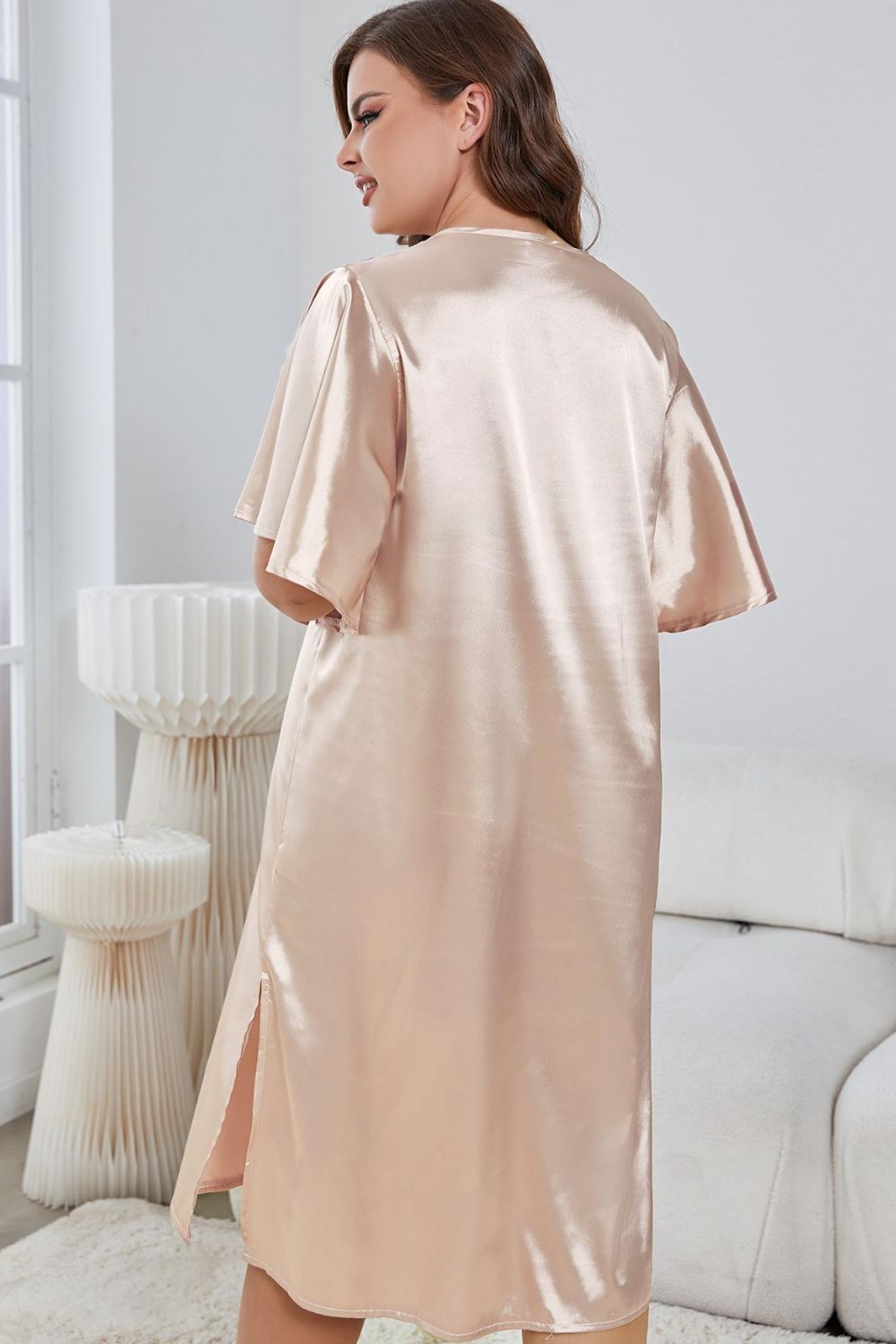 Plus Size Flutter Sleeve V-Neck Side Slit Night Gown 