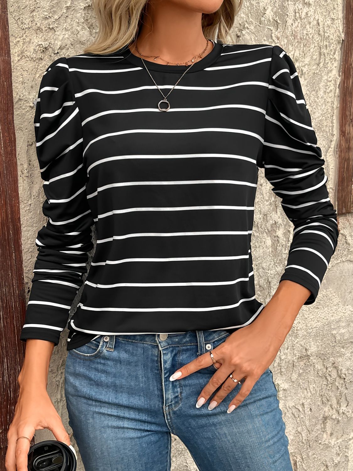 Full Size Striped Round Neck Puff Sleeve T-Shirt 