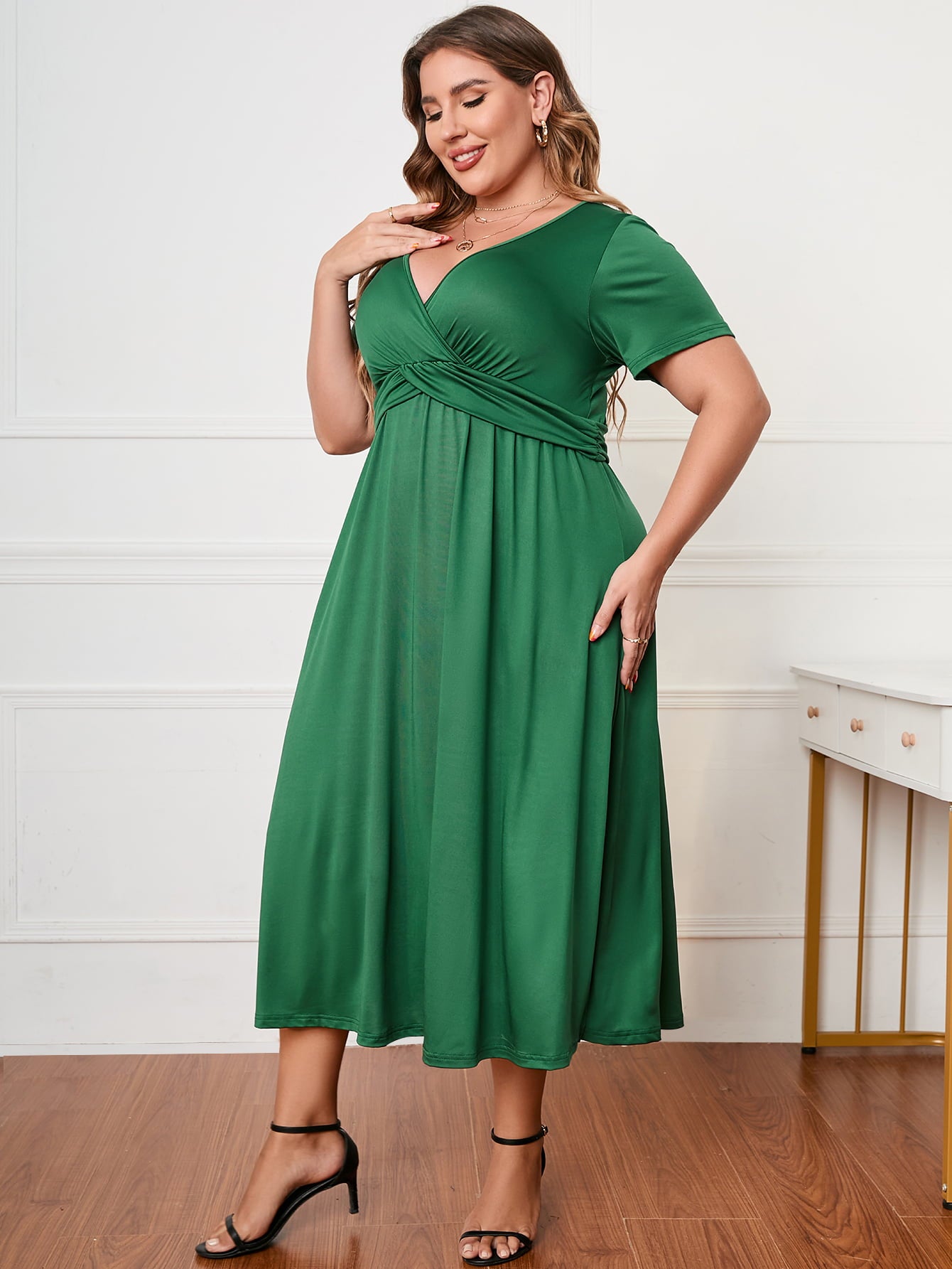 Honey Plus Size Short Sleeve Surplice Neck Midi Dress 