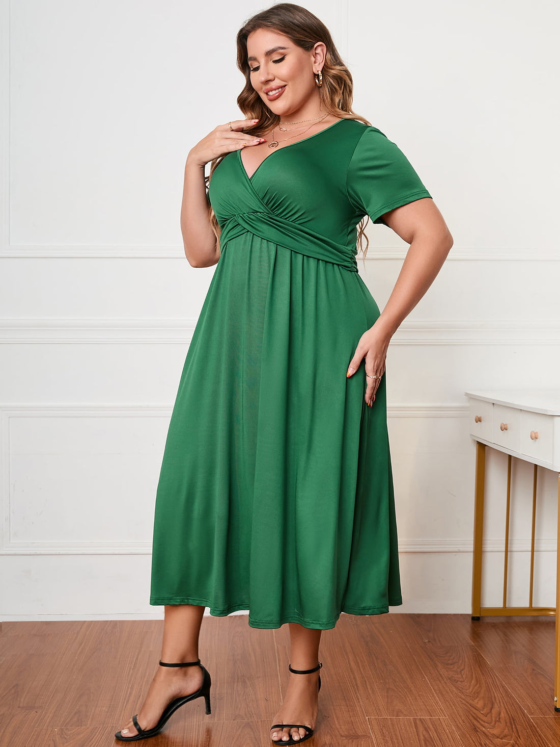 Honey Plus Size Short Sleeve Surplice Neck Midi Dress 