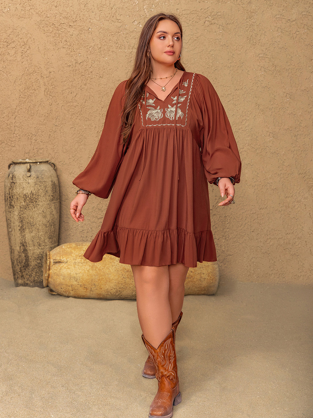 Plus Size Embroidered Tie Neck Balloon Sleeve Mini Dress 