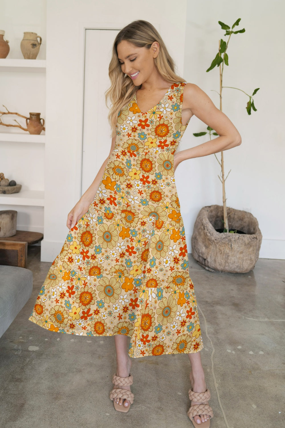 FAM-FAM Tiered Printed V-Neck Sleeveless Dress 