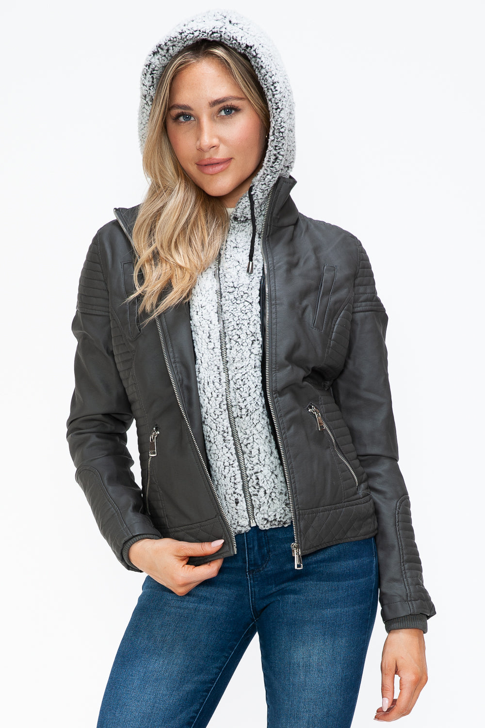 YMI Faux Layered Double-Zipper Jacket with Fuzzy Hood 