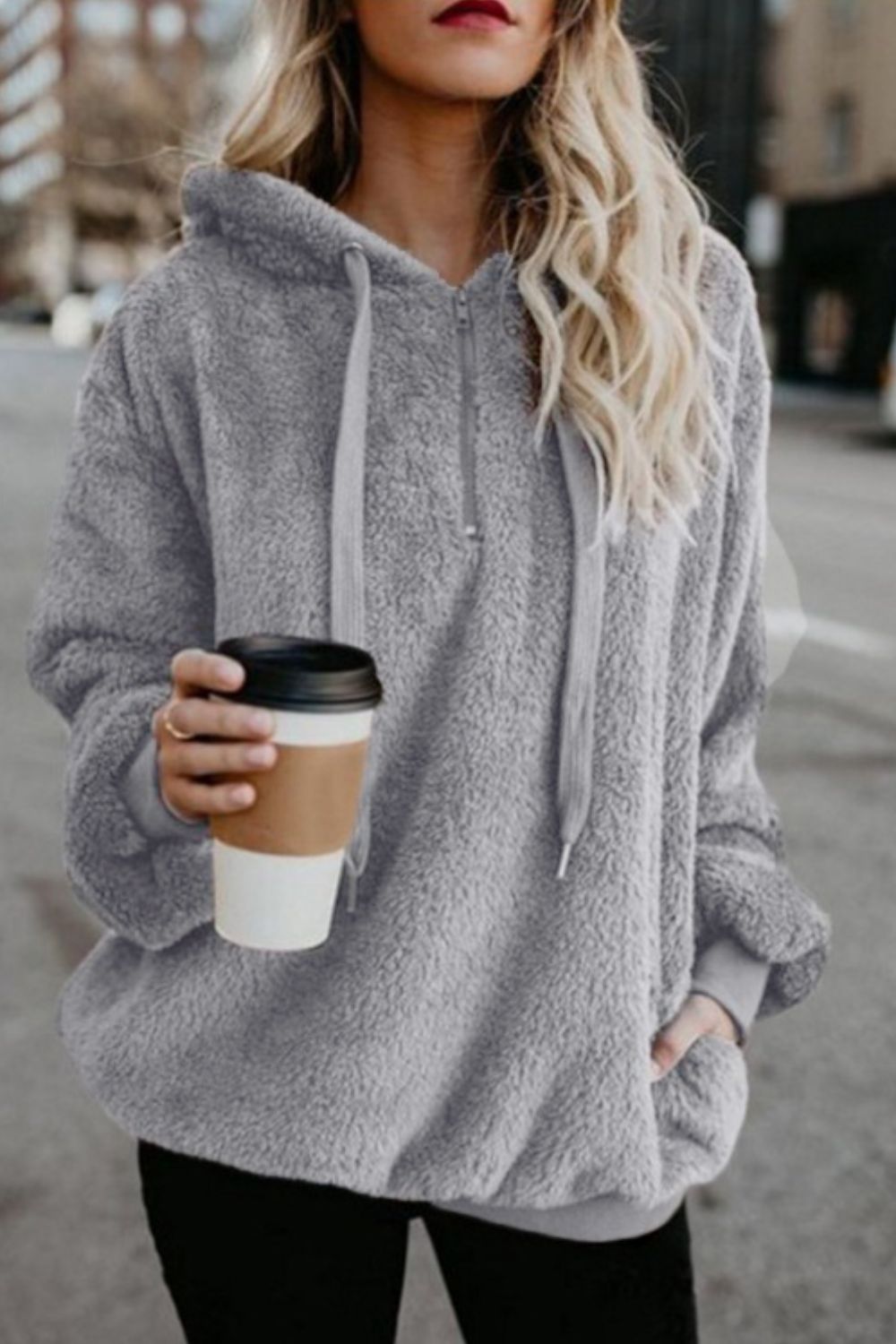 Full Size Quarter-Zip Drawstring Teddy Hoodie 