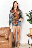Double Take Plaid Curved Hem Shirt Jacket with Breast Pockets 