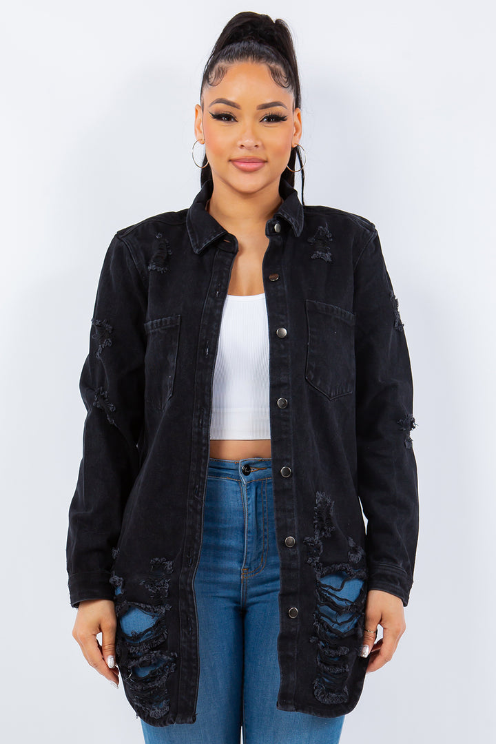 American Bazi Distressed Button Up Long Sleeve Denim Jacket 