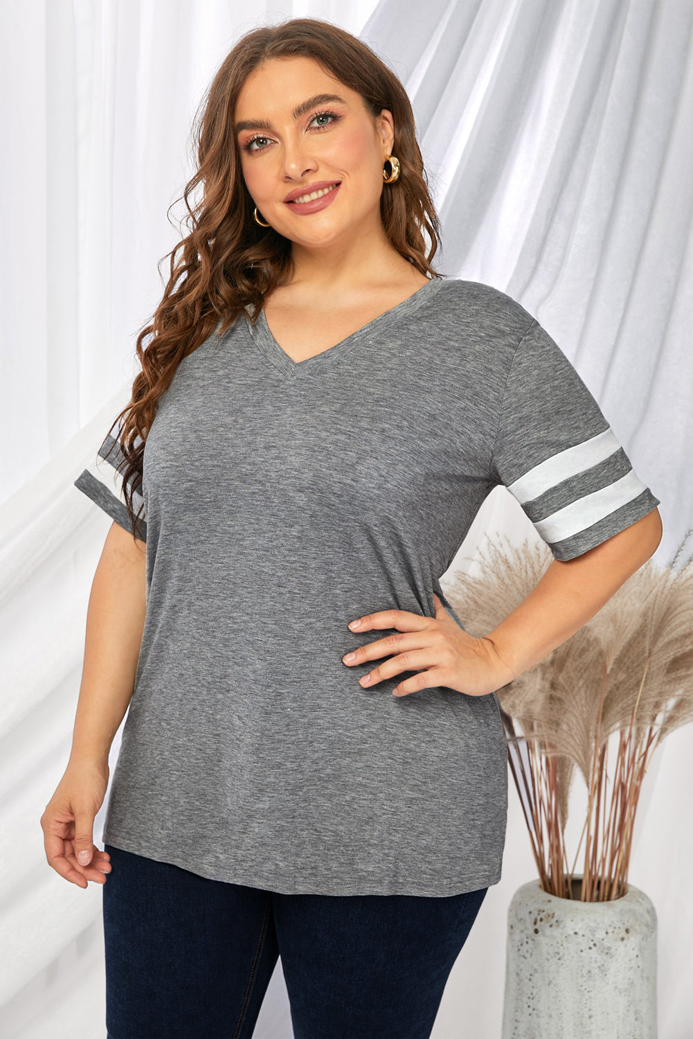 Plus Size Striped V-Neck Tee Shirt 