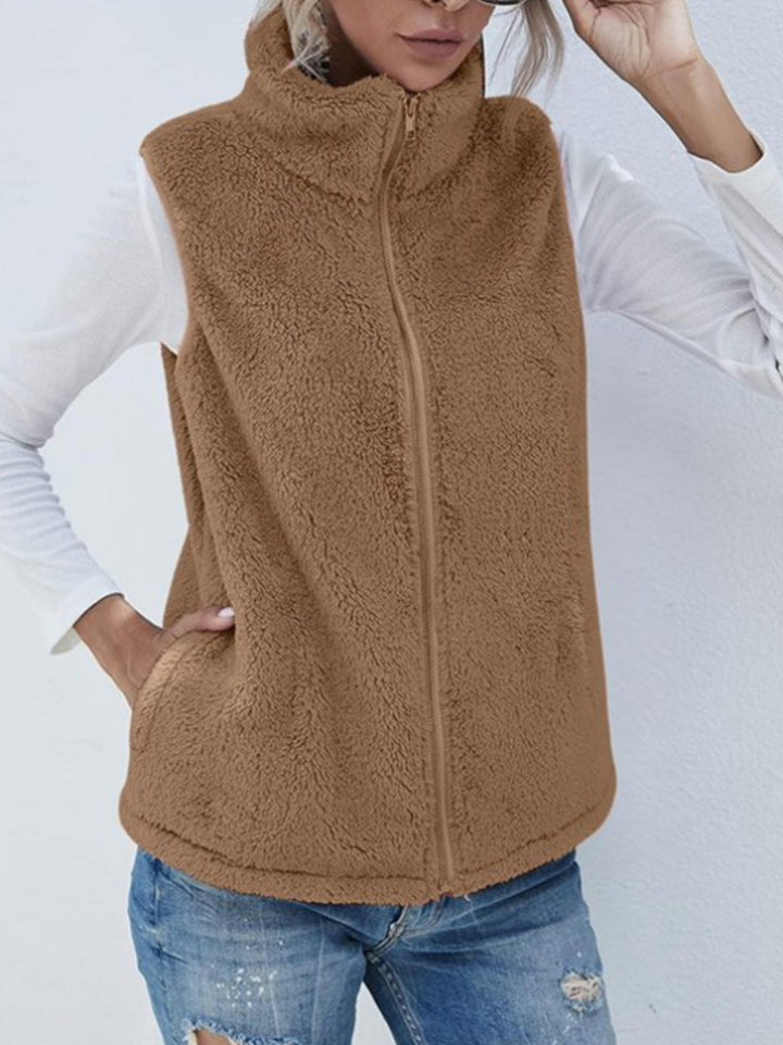 Full Size Fuzzy Zip Up Vest Coat with Pockets 