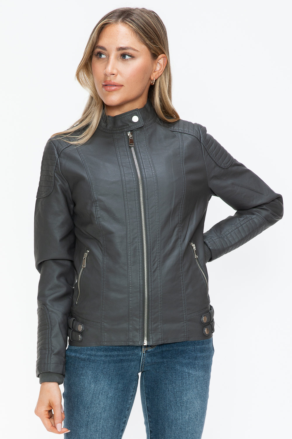 Snobbish Faux Leather Biker Jacket with Side Zip Pockets 