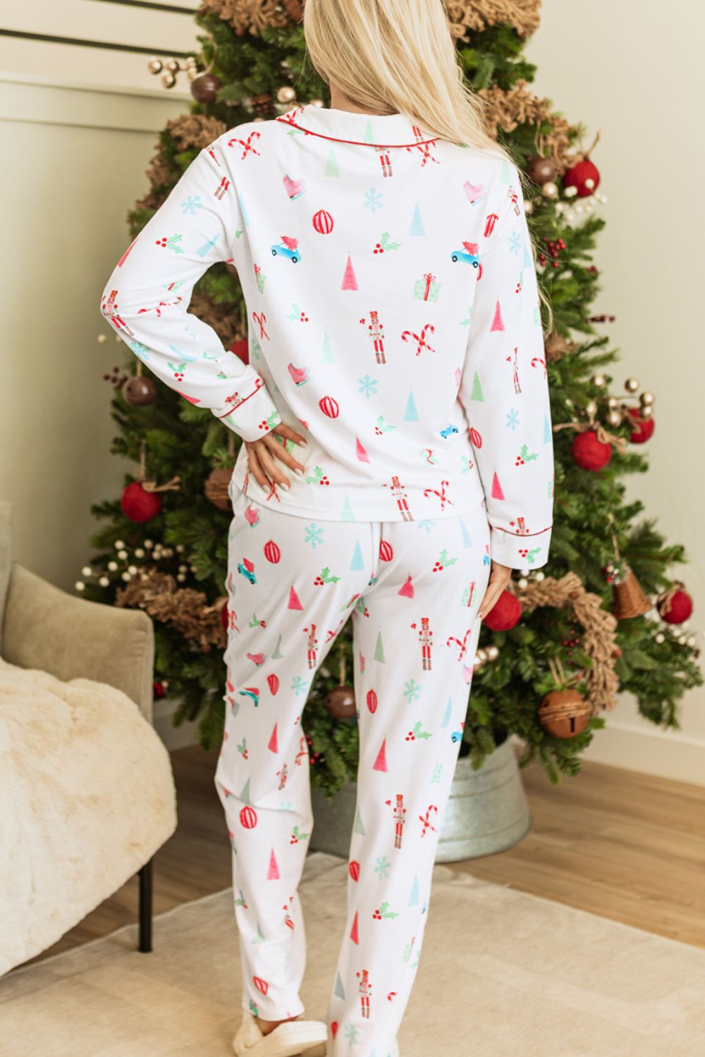 Christmas Printed Collared Neck Top and Pants Lounge Set 