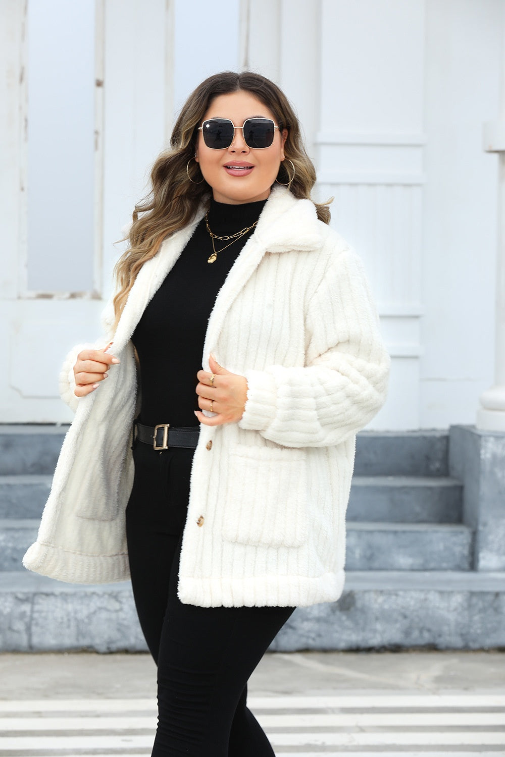 Plus Size Fuzzy Collared Neck Long Sleeve Jacket 