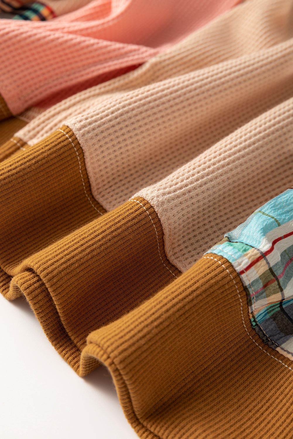 Multicolour Waffle Knit Plaid Patchwork Side Slits Loose Sweatshirt Tops/Sweatshirts & Hoodies