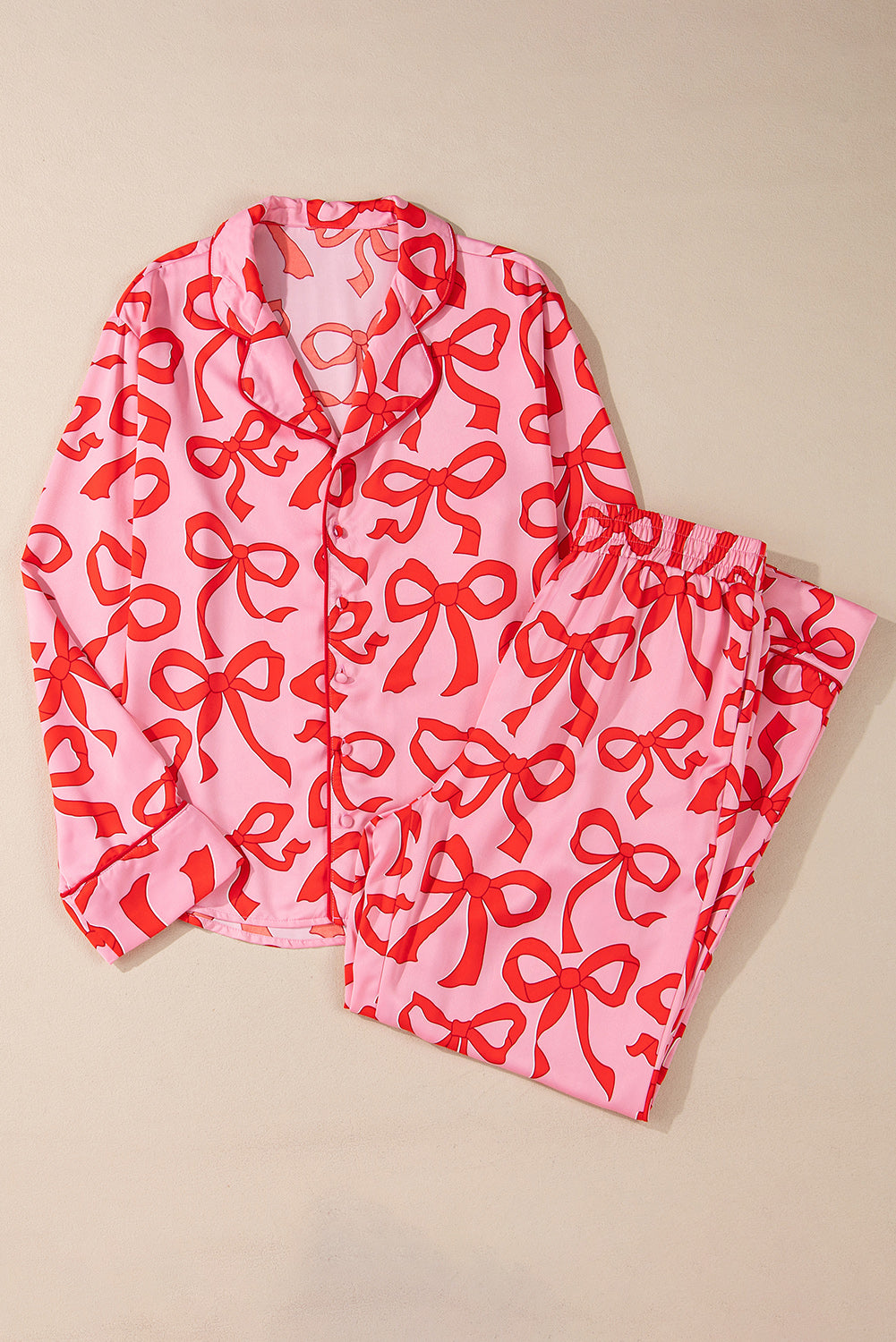 Pink 2pcs Bow Print Shirt Style Long Sleeve Pajama Set Loungewear & Sleepwear/Sleepwear