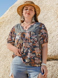 Plus Size Printed Notched Half Sleeve Blouse 