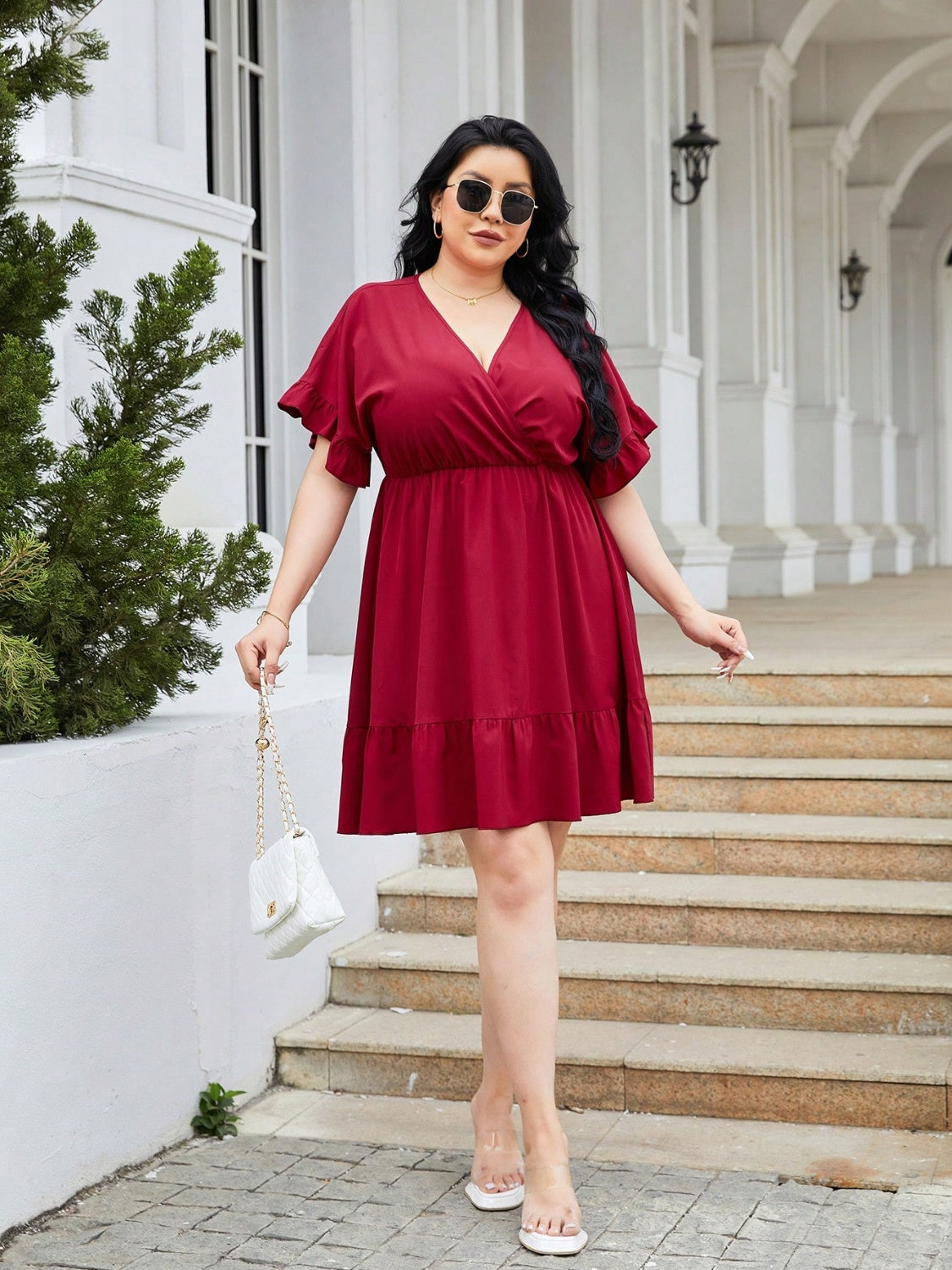 Plus Size Ruched Surplice Flounce Sleeve Mini Dress 