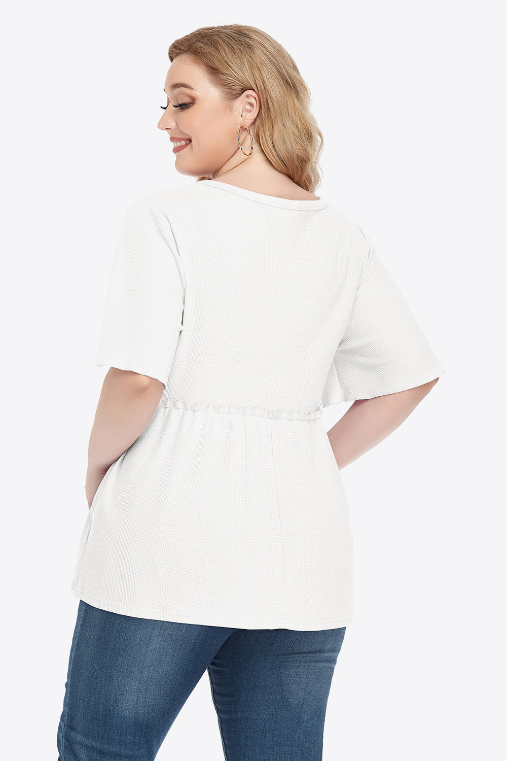 Plus Size Buttoned V-Neck Frill Trim Babydoll Blouse 