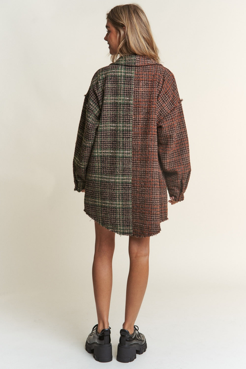 J.NNA Snap Down Tweed Plaid Contrast  Longline Shacket 